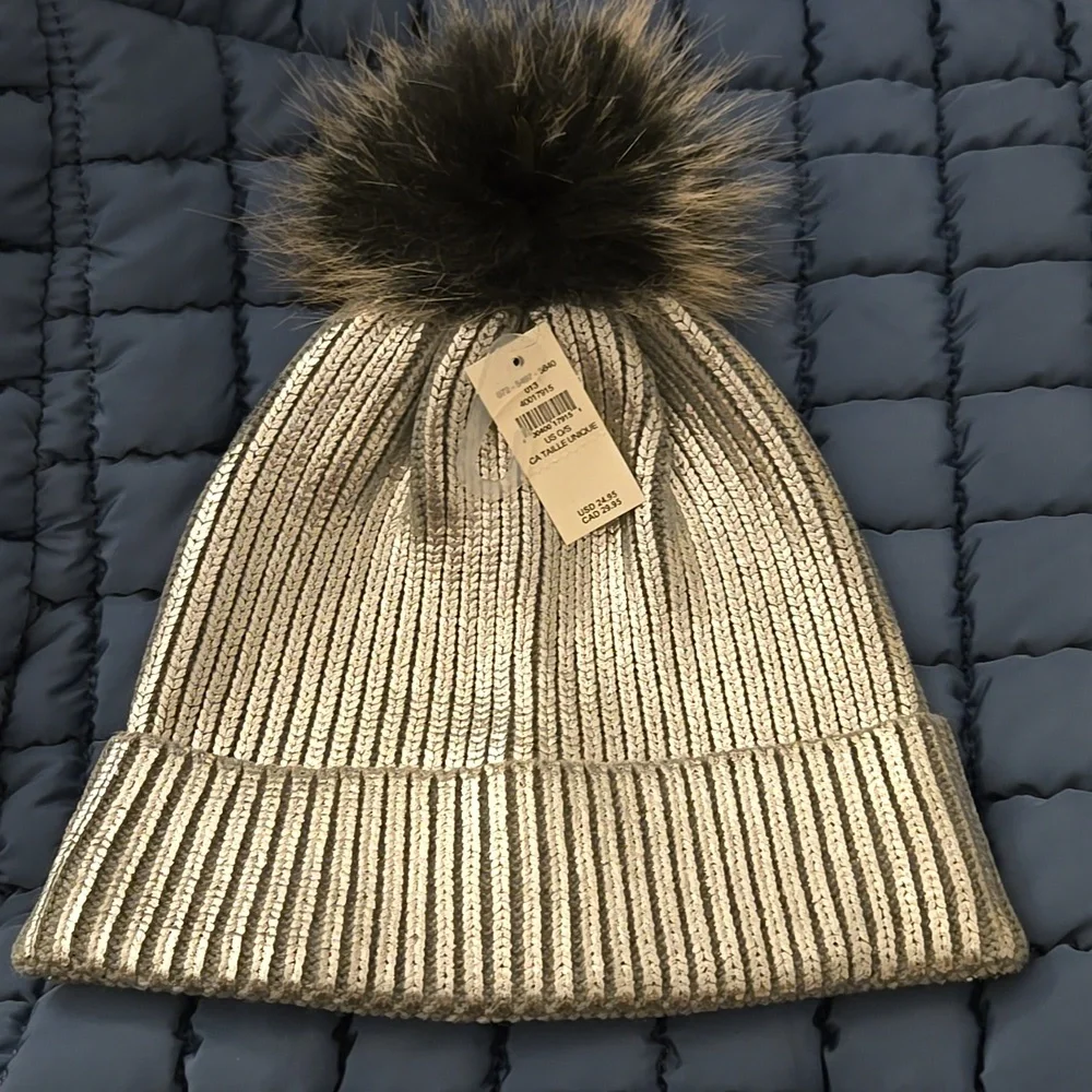 NWT $25 Retail Aerie Metallic Knit Beanie One Size Shiny Silver Pom Pom